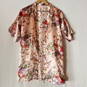 Vintage Style Pink Floral Satin Robe XL 12 Chinoiserie Kimono Pajamas Coquette